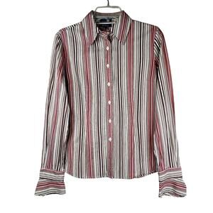 Faconnable women's striped button up shirt in pinks/tan, size M, EUC